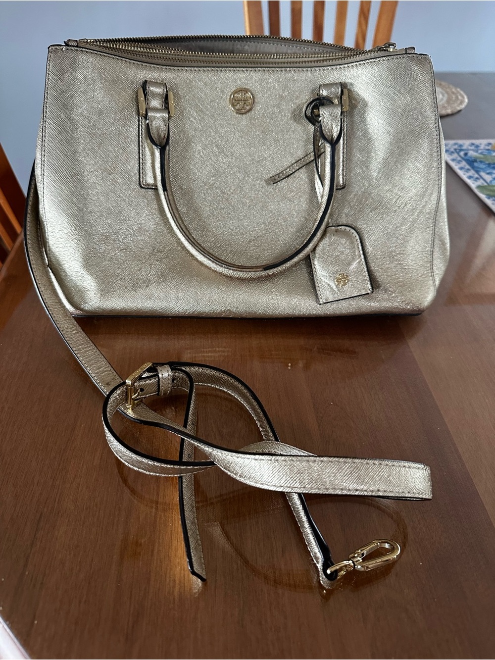 Tory Burch Metallic Gold Saffiano Satchel with Detachable Strap